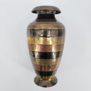 Vintage India Brass & Copper Banded Vase 7” Mid-Century Boho Decor Heavy